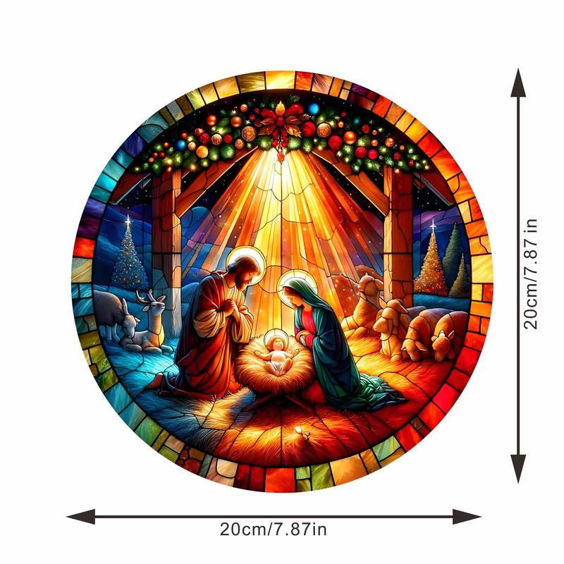 Nativity Scene Round Wall Art, 1 Count 3D Colorful Glass Effect Hanging Decor, Durable Vivid Decor for Home, Window, Yard