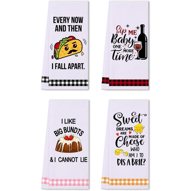 Funny Kitchen Towels, Cute Decorative Dish Towels Sets, Absorbent Waffle Hand Towels, Housewarming Gifts for  Home, Women, Mom, Set of 4, Funny House Warming Presents, Hostess Gifts