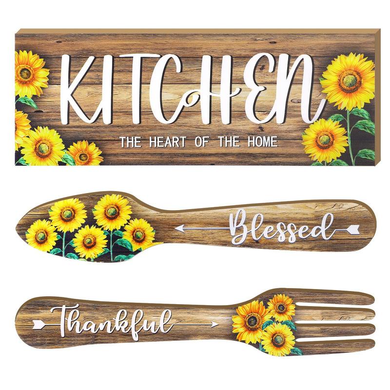 Wooden Sign, 3pcs set Sunflower & Letter Pattern Hanging Sign, Rectangular & Fork & Spoon Shaped Wall Art Decor for Kitchen Home