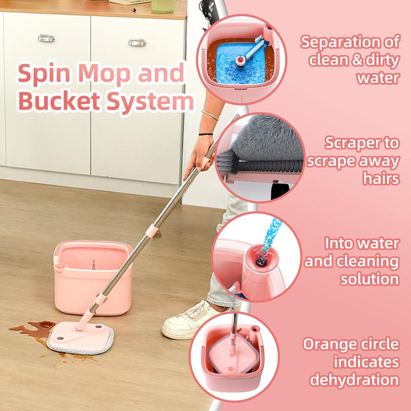 Pink Spin Mop and Bucket Set with Self Separation Dirty and Clean Water System,  360° Self Rotating Mop-Head for Hardwood Tile Marble Floors  Steel