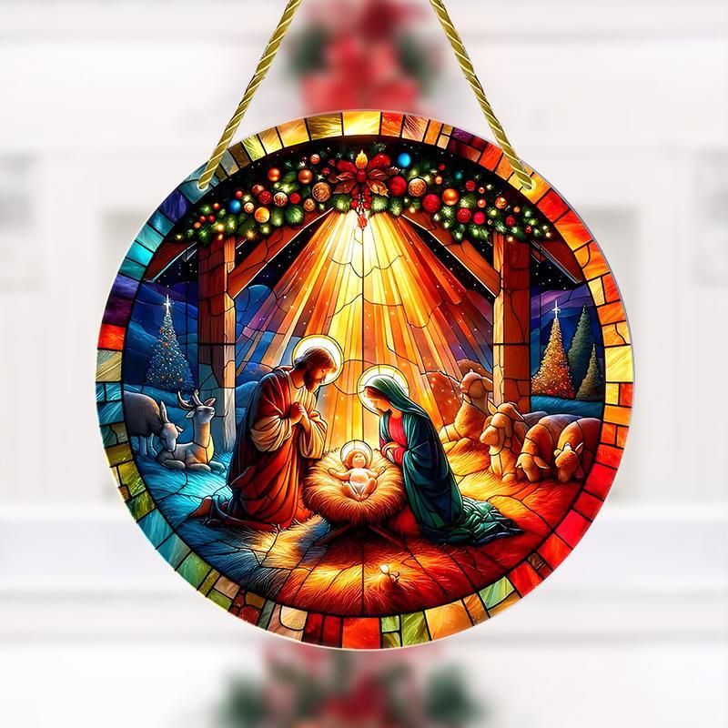 Nativity Scene Round Wall Art, 1 Count 3D Colorful Glass Effect Hanging Decor, Durable Vivid Decor for Home, Window, Yard