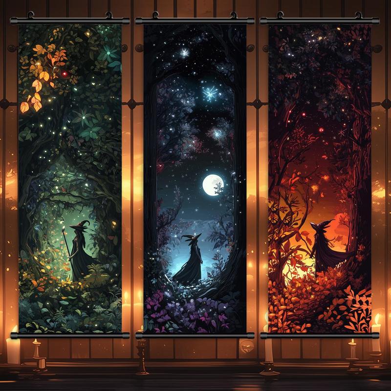 Forest Moon Witch Pattern Hanging Banner, 3 Counts set  Halloween Wall Art Poster, Wall Decor for Home Living Room Bedroom Yard