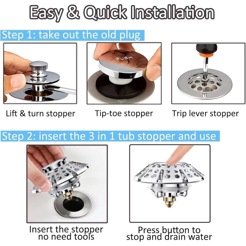 Universal Tub Stopper Bathtub Drain Plug, Pop Up Tub Drain Hair Catcher, Drain Cover with Strainer, for 1-3 8 to 2in Bath Drain Hole