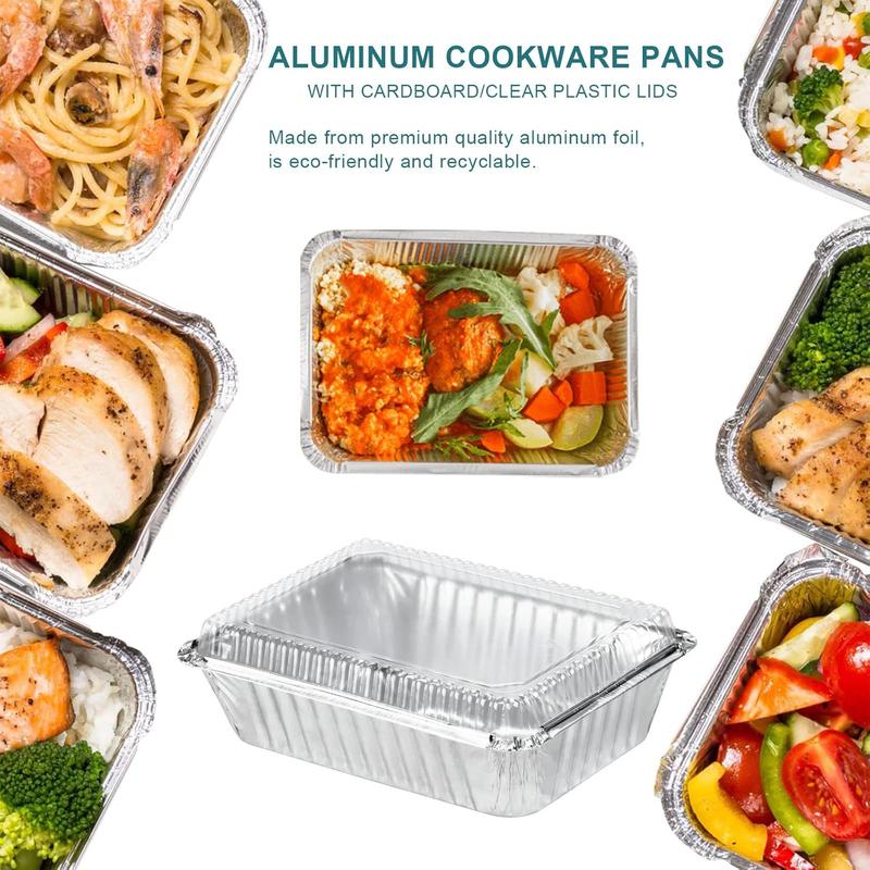 50 Pack Small 8 OZ 230ML Capacity Disposable Takeout Pans with Clear Plastic Lids - 5.11x3.94x1.57 Aluminum Foil Food Containers with Strong Seal for Catering Party Meal Prep Freezer BBQ Potluck