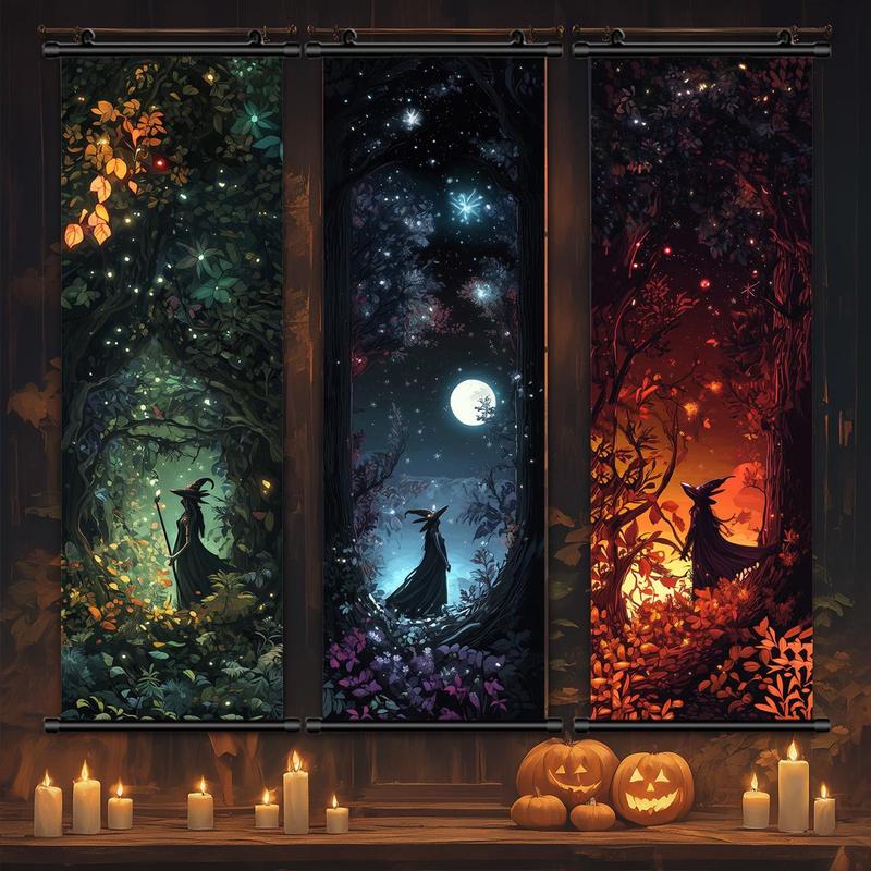 Forest Moon Witch Pattern Hanging Banner, 3 Counts set  Halloween Wall Art Poster, Wall Decor for Home Living Room Bedroom Yard