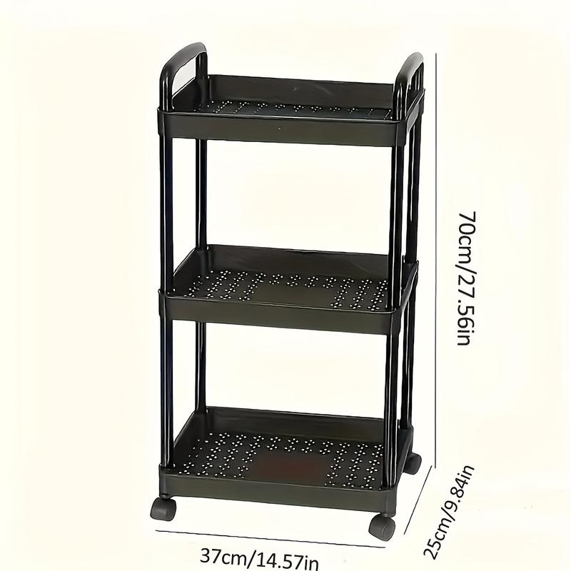 3-Tier Plastic Rolling Storage Cart with Handle - ABS Practical Organizer Trolley for Office, Living Room, Kitchen - Multifunctional Floor Hanging Rack for Toys, Food, Tools, Cosmetics, Books