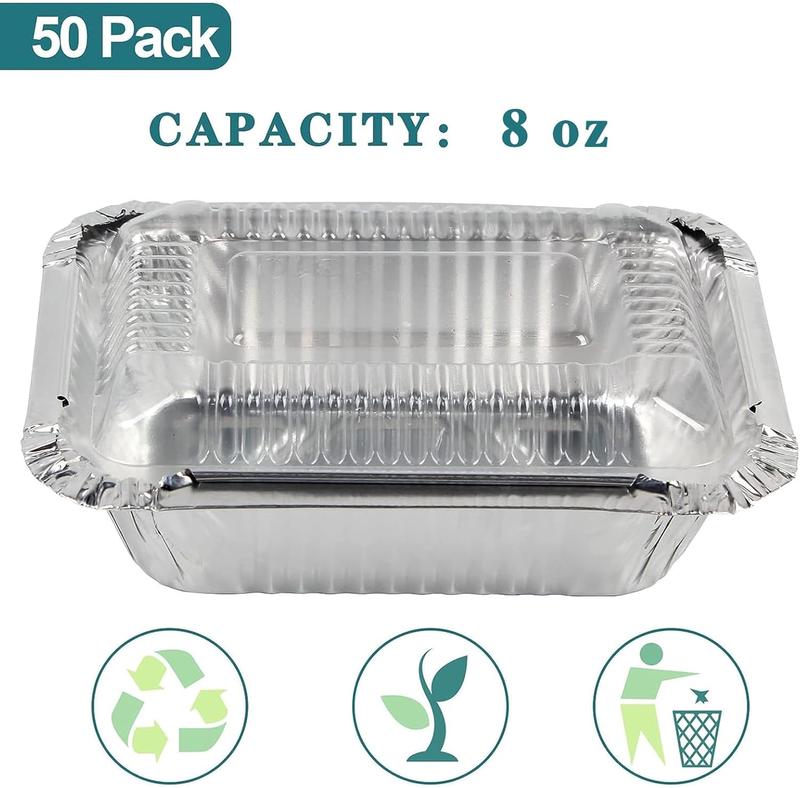 50 Pack Small 8 OZ 230ML Capacity Disposable Takeout Pans with Clear Plastic Lids - 5.11x3.94x1.57 Aluminum Foil Food Containers with Strong Seal for Catering Party Meal Prep Freezer BBQ Potluck