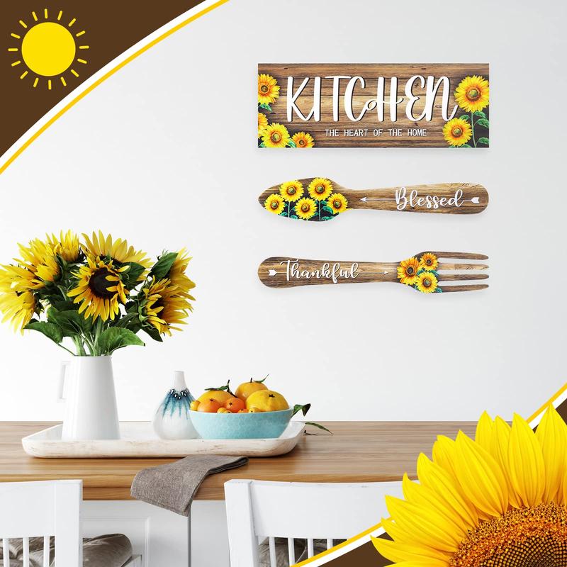 Wooden Sign, 3pcs set Sunflower & Letter Pattern Hanging Sign, Rectangular & Fork & Spoon Shaped Wall Art Decor for Kitchen Home