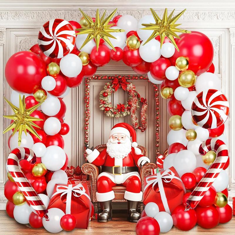 Christmas Balloons Garland Arch Kit, Red White Gold Latex Balloon with Candy Cane Gift Box Explosion Star Foil Balloons for Christmas New Year Candies Xmas Theme Party Decorations...