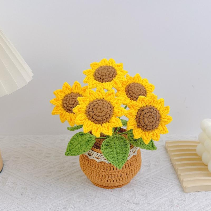 Handcrafted Crochet Sunflower Bouquet - Artificial Potted Flowers, Home & Office Decor, Suitable for All Ages