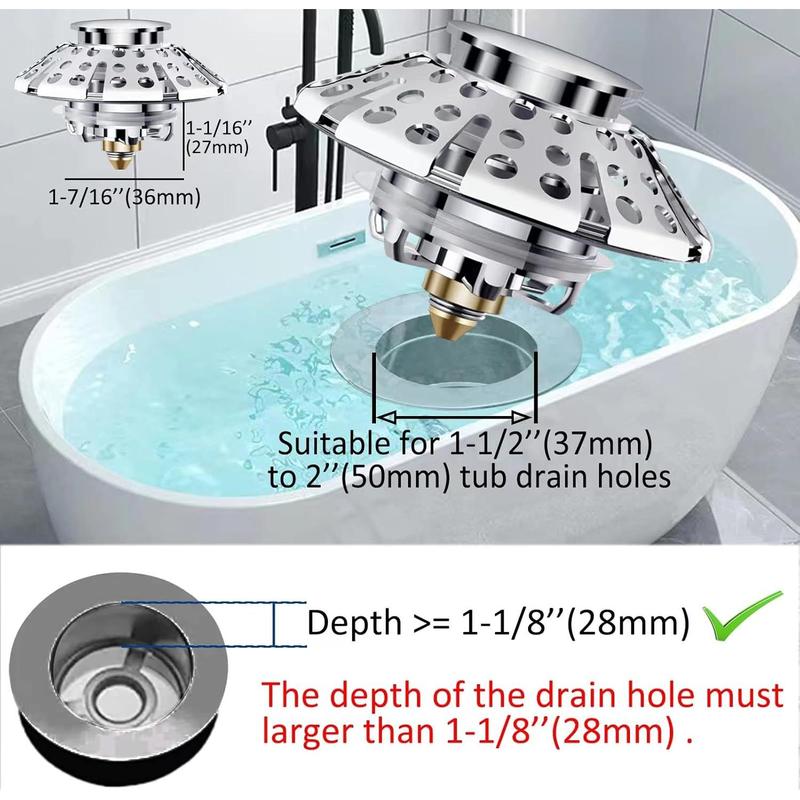 Universal Tub Stopper Bathtub Drain Plug, Pop Up Tub Drain Hair Catcher, Drain Cover with Strainer, for 1-3 8 to 2in Bath Drain Hole