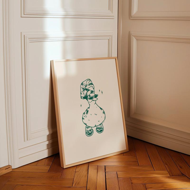 Cool Duck In Slippers Art Print Green, Retro Print, Bathroom Wall Art