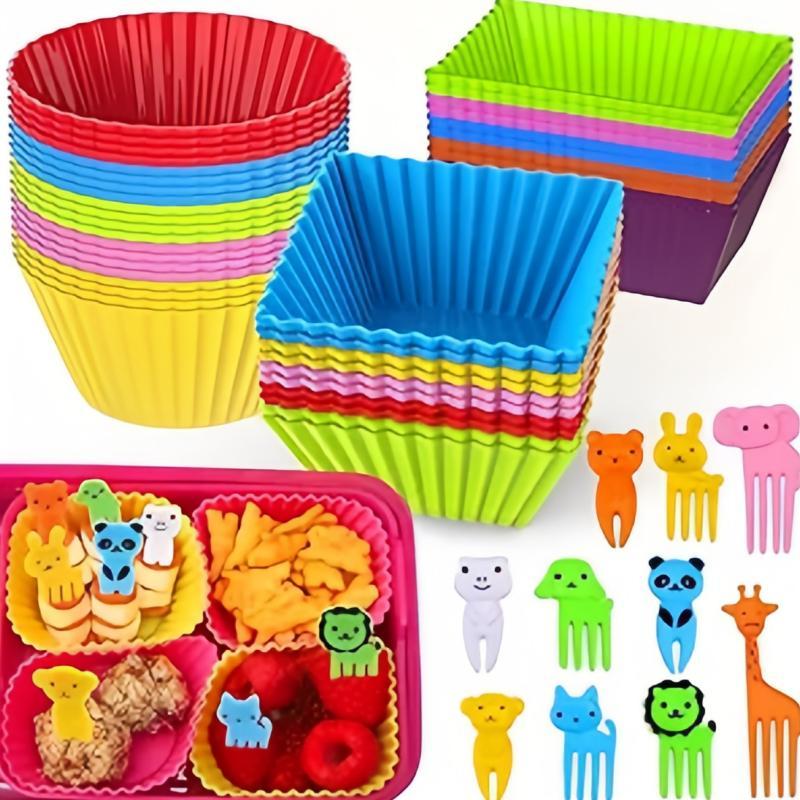 Random Color Bento Box Accessories, 50pcs set Including 30pcs Food Storage Container Divider & 20pcs Animal Design Fork, Food Container Divider for Home Kitchen Picnic