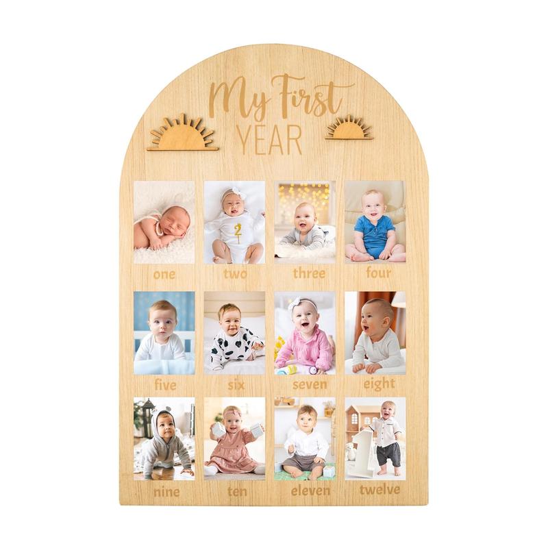 My First Year Photo Display Wood Board, Baby’s First Year Picture Frame 12 Months Milestone Board Photo Frame Neutral Baby Keepsake Frame Boho Sun 1st Birthday Nursery Decor Gift for Boy Girl Wooden Christmas Wooden Christmas