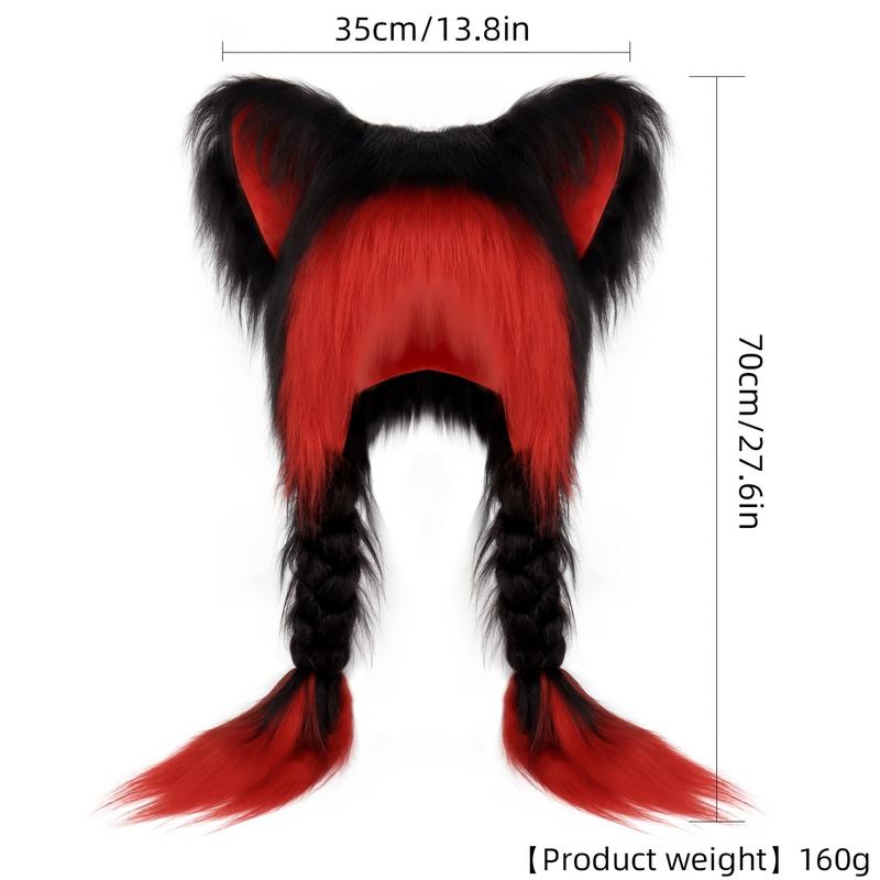 Y2K-Inspired Cute Cat Ears Plush Hat with Braid - Cozy & Warm Winter Accessory, Perfect for Halloween & Christmas Cosplay