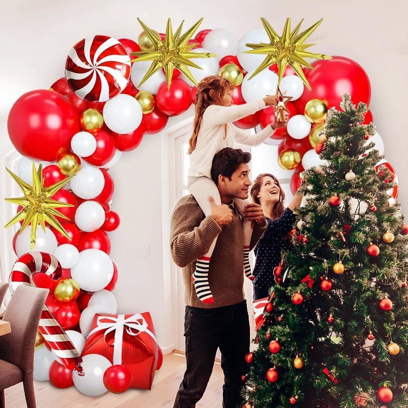 Christmas Balloons Garland Arch Kit, Red White Gold Latex Balloon with Candy Cane Gift Box Explosion Star Foil Balloons for Christmas New Year Candies Xmas Theme Party Decorations...