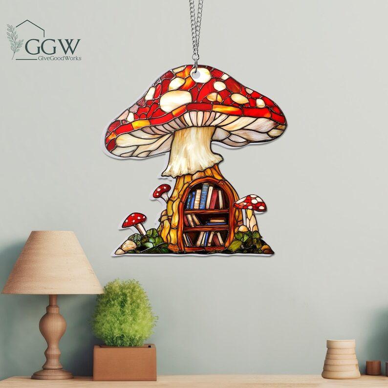 Mushroom and Books Suncatcher Hanging Sign, Mushroom Window Hanging, Bookshelf Ornament, Mushroom Suncatcher, Book Lover Gift, Natural Life