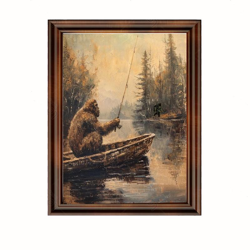 Rustic Sasquatch Fly Fishing Art Print | Unframed Bigfoot Poster for Cabin & Hunting Decor | Unique Bigfoot Gift Idea Artistic Decoration