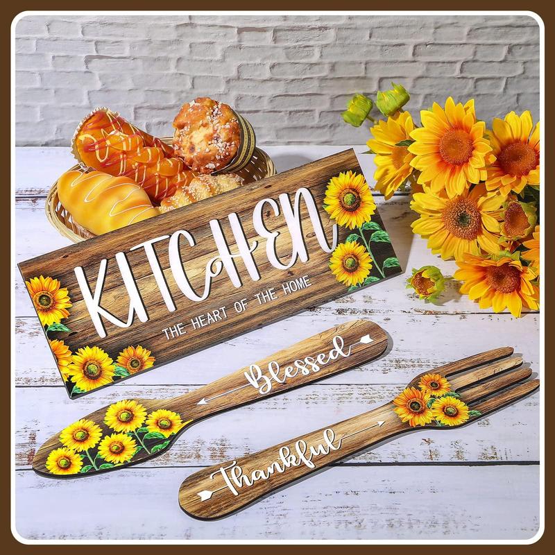 Wooden Sign, 3pcs set Sunflower & Letter Pattern Hanging Sign, Rectangular & Fork & Spoon Shaped Wall Art Decor for Kitchen Home