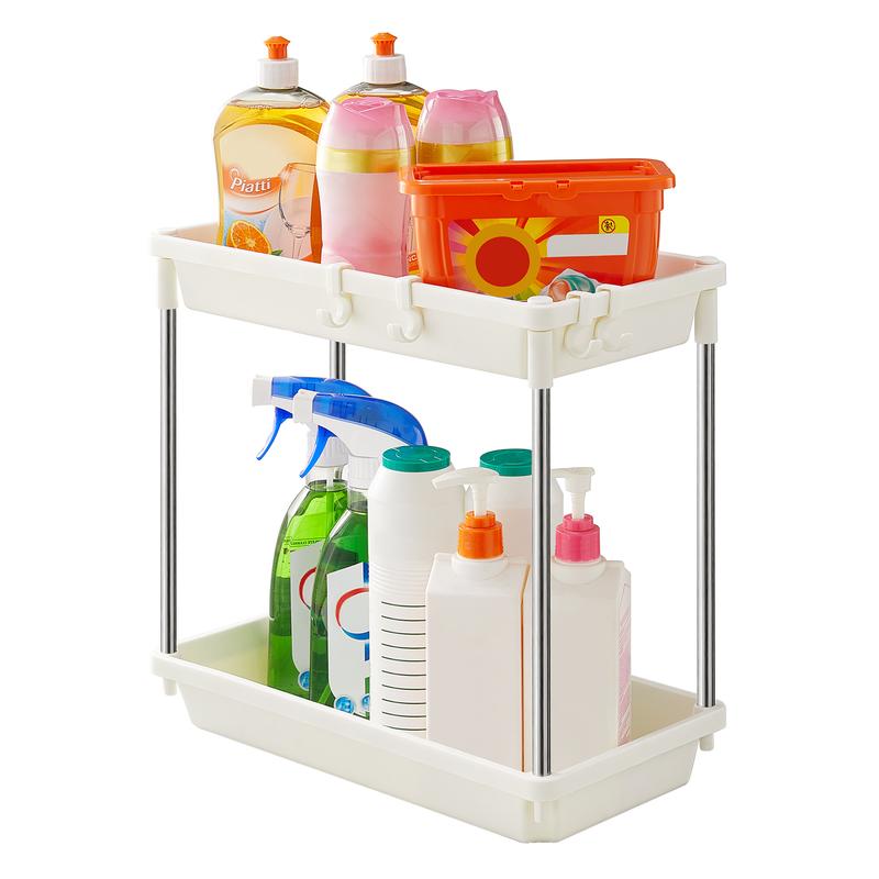 Lifewit Under Sink Organizer, 2 Tier Shelf Rack with 4 Hooks for Bathroom Cabinet Kitchen Countertop Office Holder Storage, Multi-purpose Baskets Holder for Space Saving, Easy Assembly