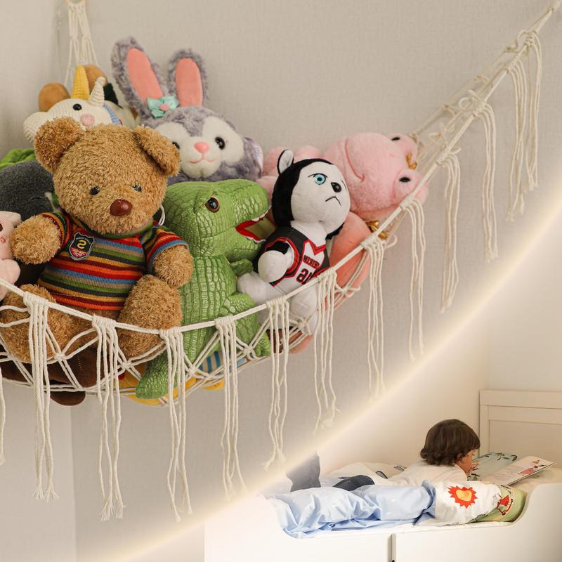 Bohemian Plush Animal Net or Hammock Large, 55 Inch Toy Hammock Lace Animal Storage Corner Hanging Net Shelf, Net Hammock Plush Toy Organizer with Hooks Bedroom, Nursery,stuffed animal storage,stuffed animal hammock,toy storage