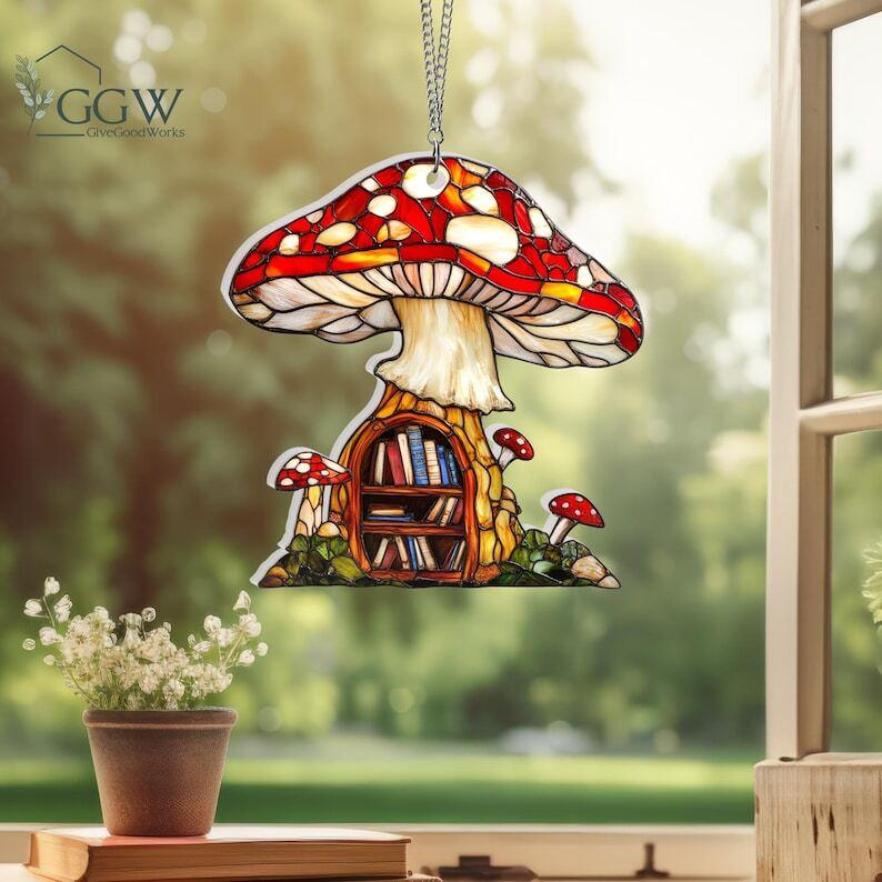 Mushroom and Books Suncatcher Hanging Sign, Mushroom Window Hanging, Bookshelf Ornament, Mushroom Suncatcher, Book Lover Gift, Natural Life