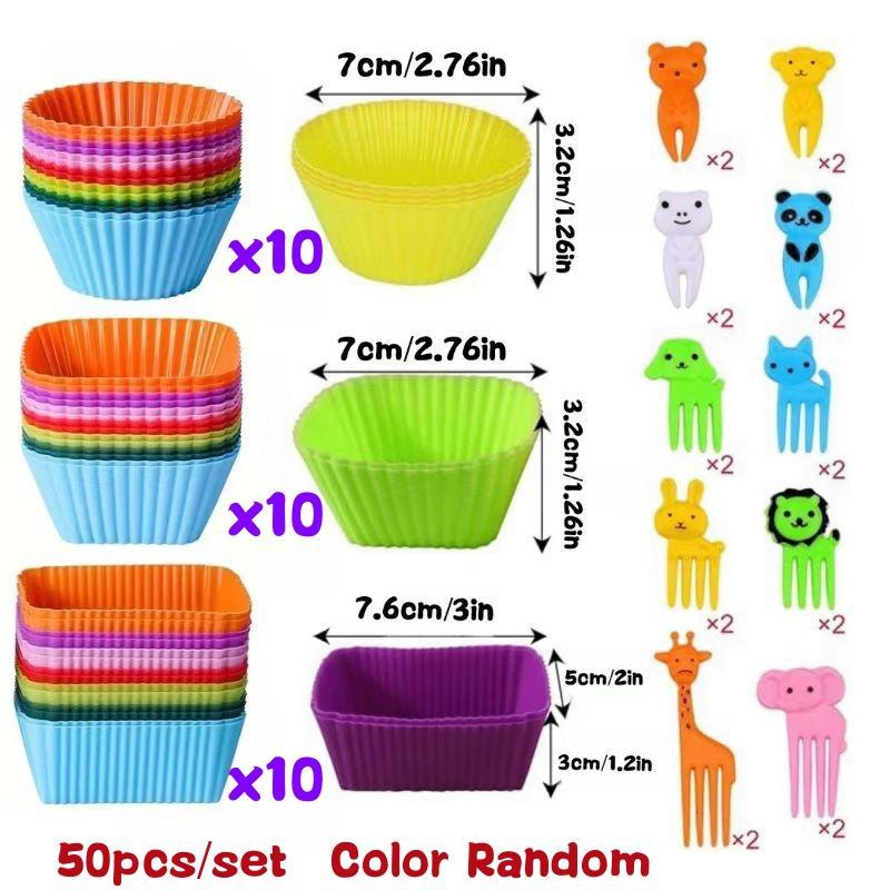 Random Color Bento Box Accessories, 50pcs set Including 30pcs Food Storage Container Divider & 20pcs Animal Design Fork, Food Container Divider for Home Kitchen Picnic