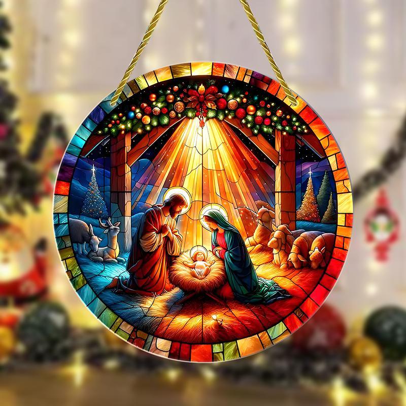 Nativity Scene Round Wall Art, 1 Count 3D Colorful Glass Effect Hanging Decor, Durable Vivid Decor for Home, Window, Yard