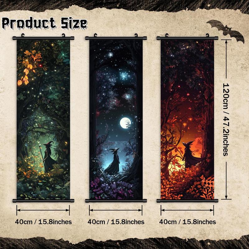 Forest Moon Witch Pattern Hanging Banner, 3 Counts set  Halloween Wall Art Poster, Wall Decor for Home Living Room Bedroom Yard