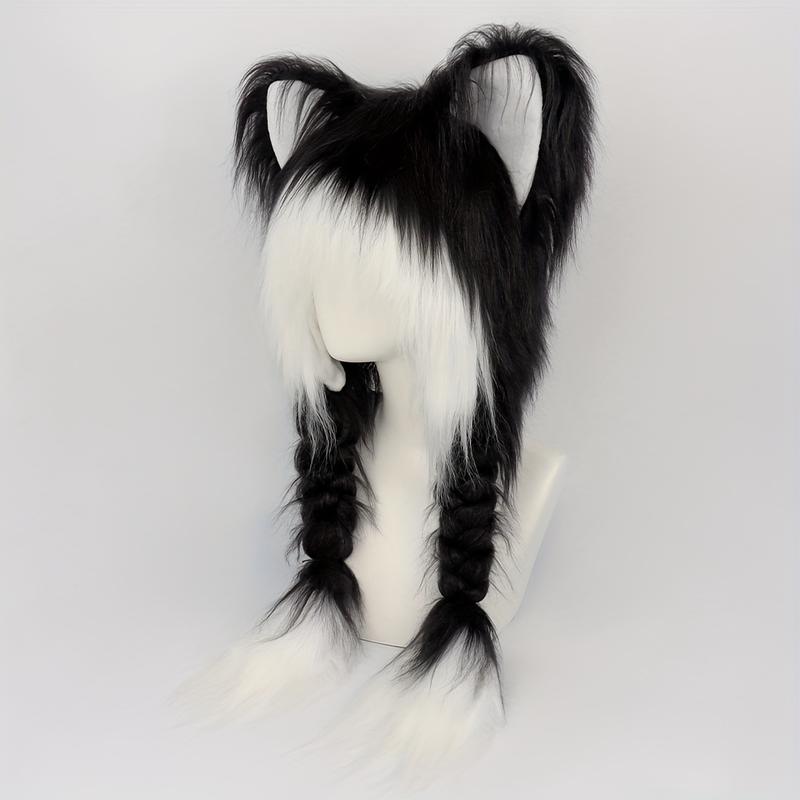 Y2K-Inspired Cute Cat Ears Plush Hat with Braid - Cozy & Warm Winter Accessory, Perfect for Halloween & Christmas Cosplay