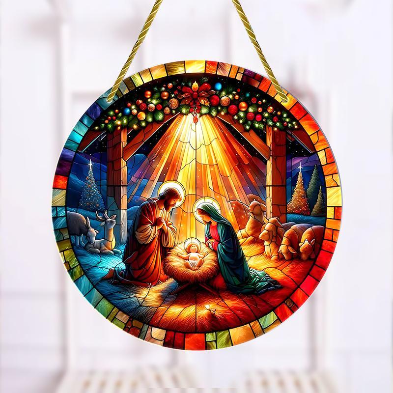 Nativity Scene Round Wall Art, 1 Count 3D Colorful Glass Effect Hanging Decor, Durable Vivid Decor for Home, Window, Yard