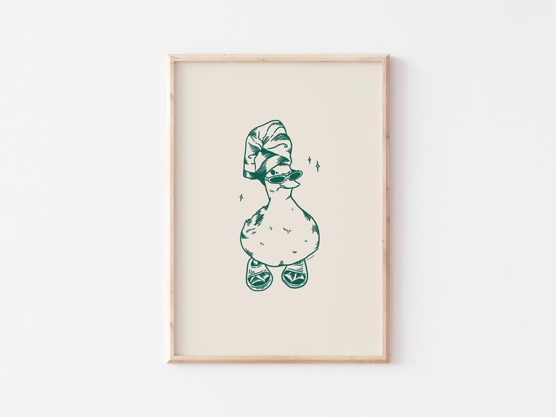 Cool Duck In Slippers Art Print Green, Retro Print, Bathroom Wall Art