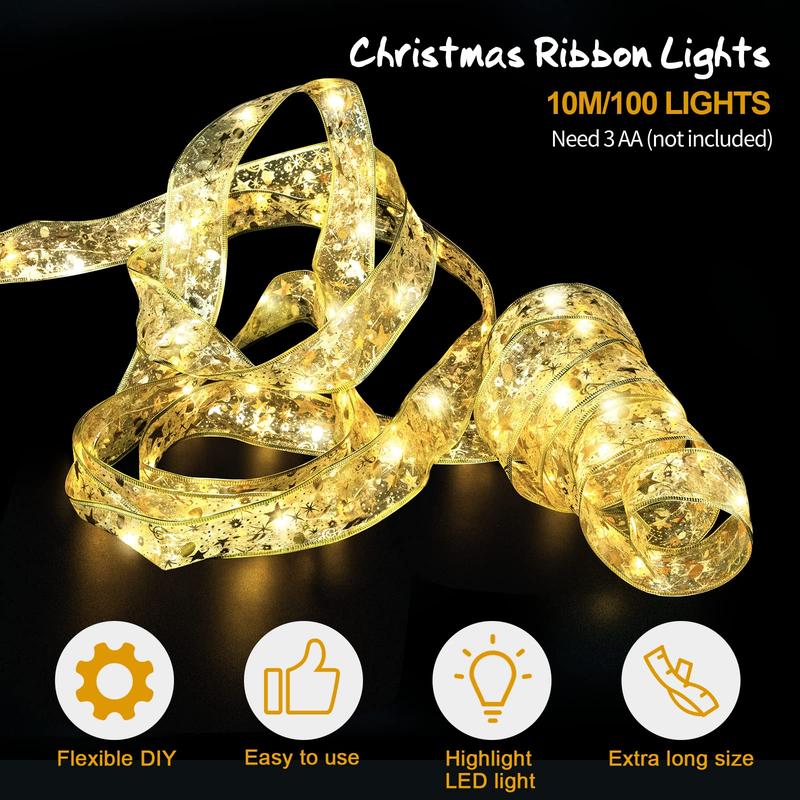 32ft Christmas Ribbon Fairy Lights, 100 LED Lights Gold Ribbon for Christmas Tree Wired Double Layer Grid, Outdoor Indoor New Year Holiday Christmas Tree Decorations Wrap Christmas Wreath