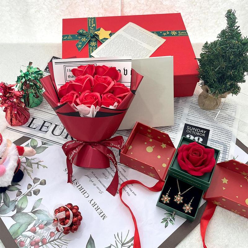 Artificial Rose Bouquet & Jewelry Gift Box, 1 Set Christmas Jewelry Box Including Necklace & Earrings & Rose Bouquet, Gift for Christmas Valentine's Day