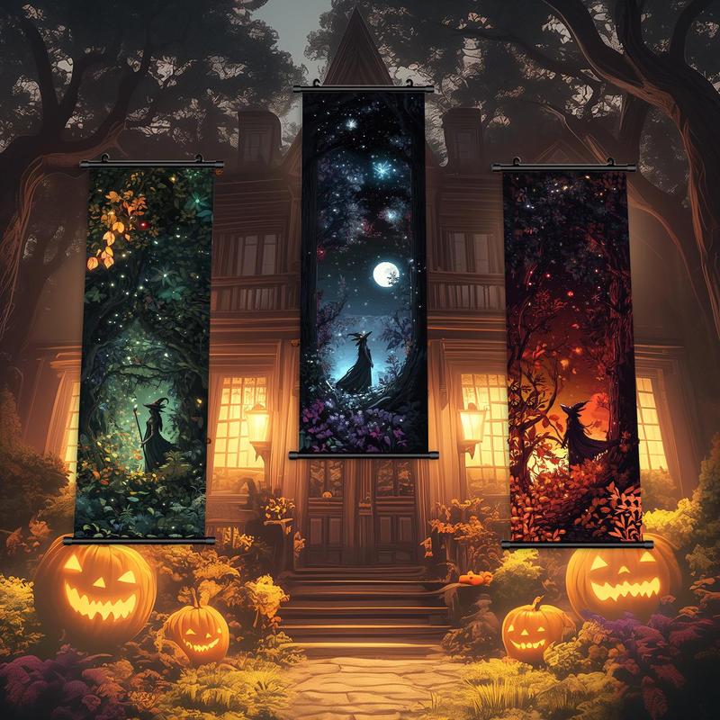 Forest Moon Witch Pattern Hanging Banner, 3 Counts set  Halloween Wall Art Poster, Wall Decor for Home Living Room Bedroom Yard