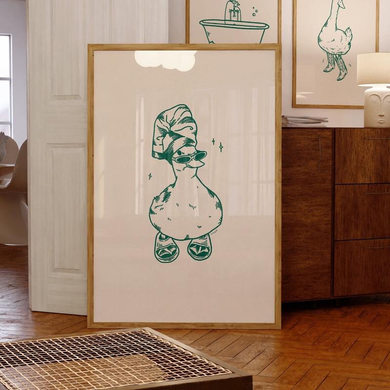 Cool Duck In Slippers Art Print Green, Retro Print, Bathroom Wall Art