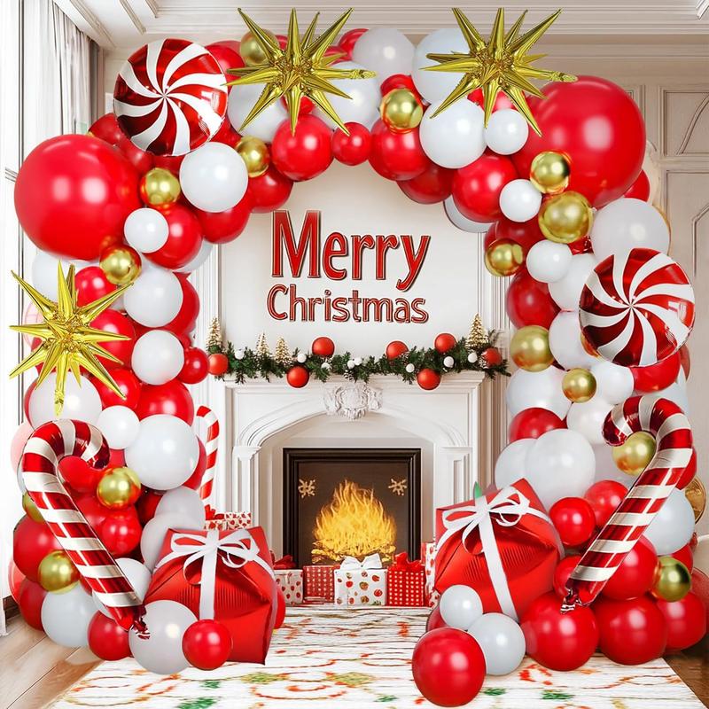 Christmas Balloons Garland Arch Kit, Red White Gold Latex Balloon with Candy Cane Gift Box Explosion Star Foil Balloons for Christmas New Year Candies Xmas Theme Party Decorations...