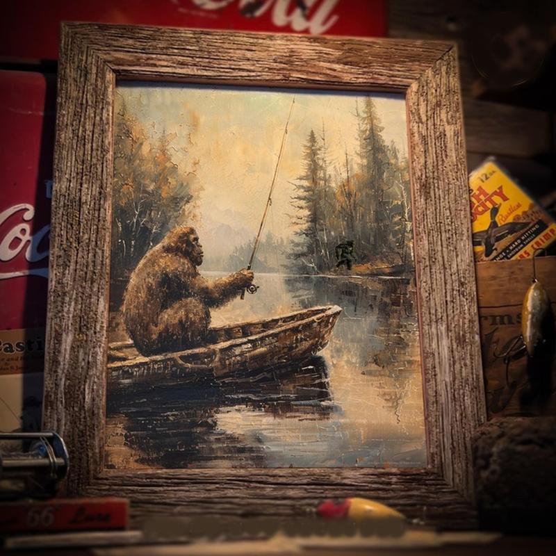 Rustic Sasquatch Fly Fishing Art Print | Unframed Bigfoot Poster for Cabin & Hunting Decor | Unique Bigfoot Gift Idea Artistic Decoration