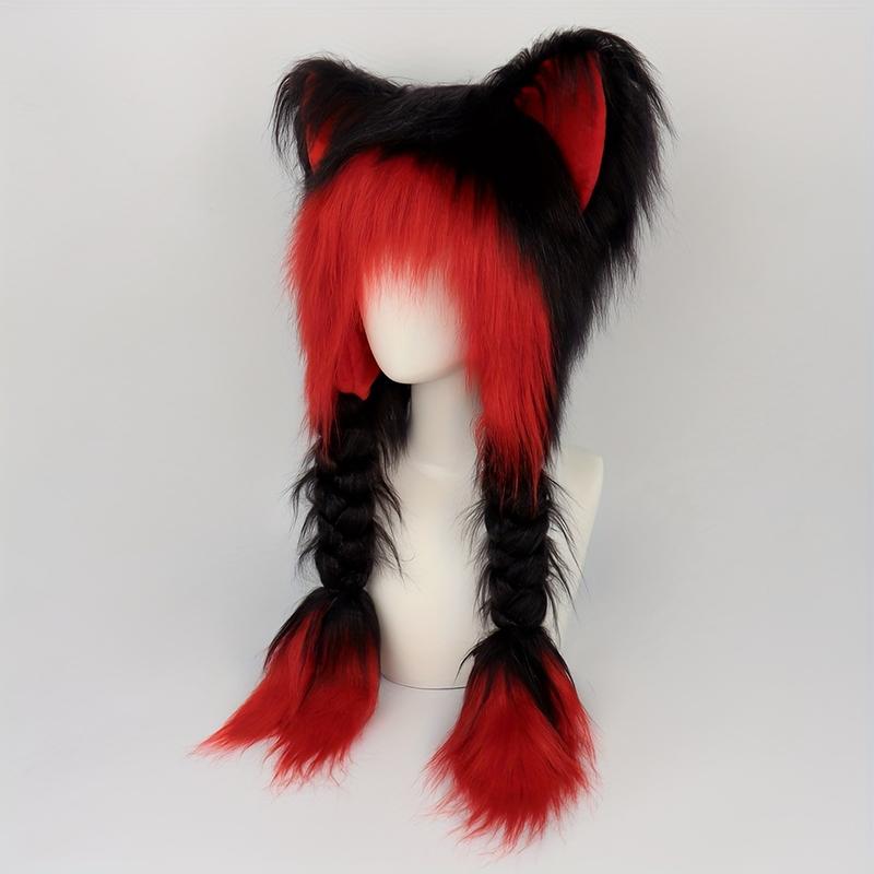 Y2K-Inspired Cute Cat Ears Plush Hat with Braid - Cozy & Warm Winter Accessory, Perfect for Halloween & Christmas Cosplay