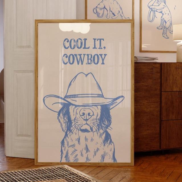 cool it cowboy art print | retro print | vintage art | blue wall art | western dog print | trendy decor | funky art | POSTER NO FRAME