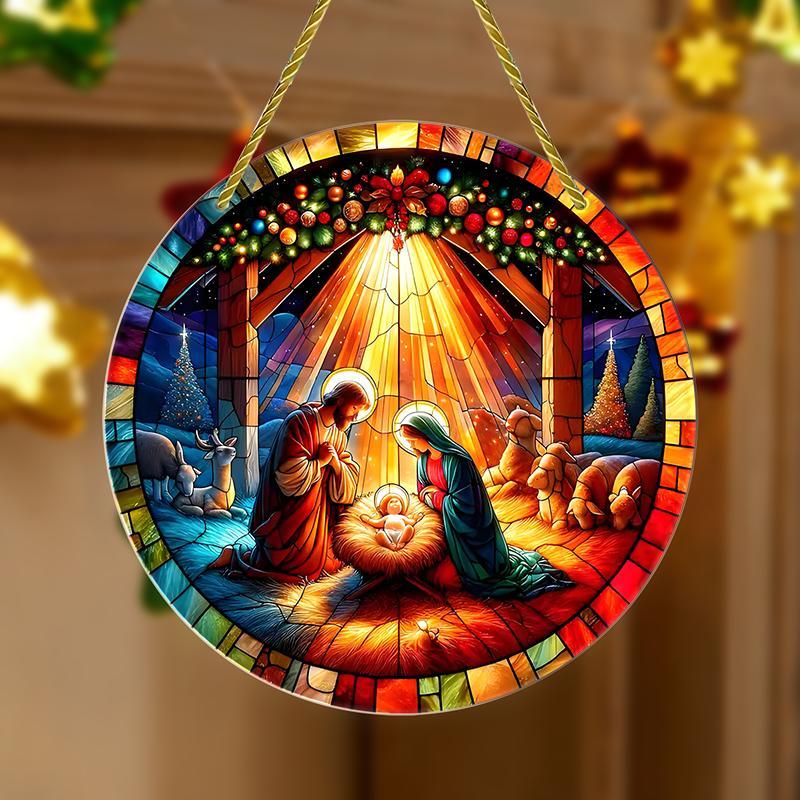 Nativity Scene Round Wall Art, 1 Count 3D Colorful Glass Effect Hanging Decor, Durable Vivid Decor for Home, Window, Yard