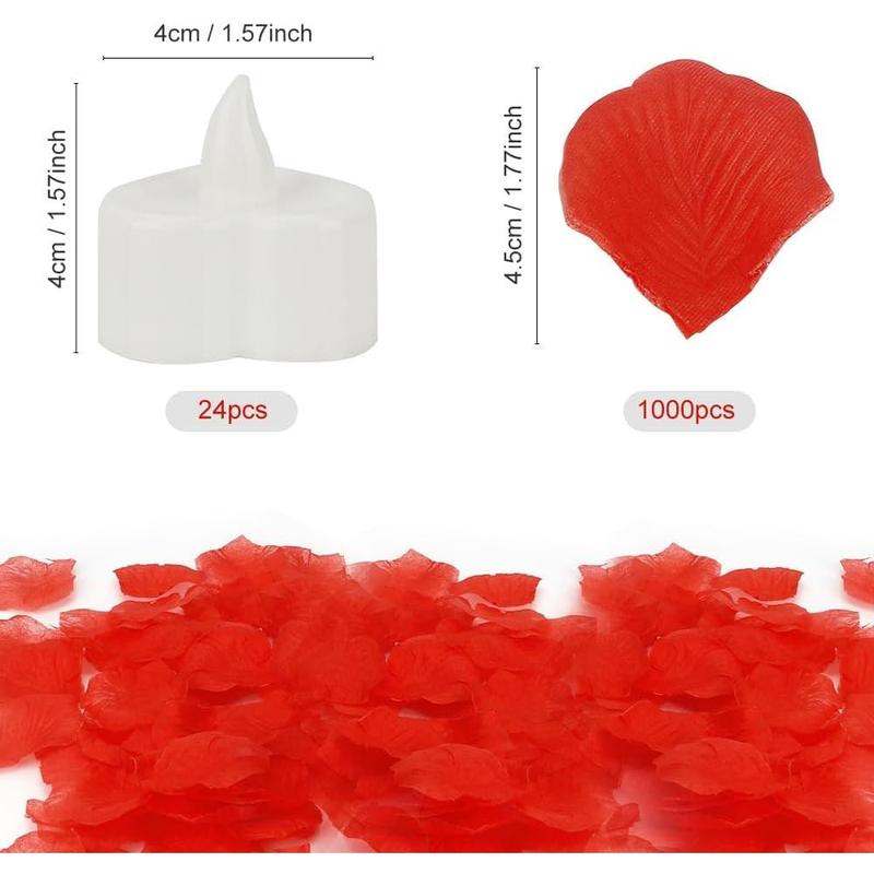 free shipping,Rose Petals, Rose Petals for Romantic Night for Her Set, Rose Petals and Candles Set, 1000Pcs Red Petals, Romantic Decorations Special Night, 24 Pcs Led Candles, Valentines Day Decor