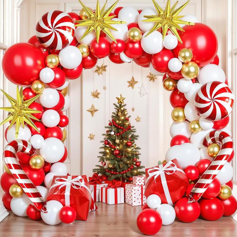 Christmas Balloons Garland Arch Kit, Red White Gold Latex Balloon with Candy Cane Gift Box Explosion Star Foil Balloons for Christmas New Year Candies Xmas Theme Party Decorations...