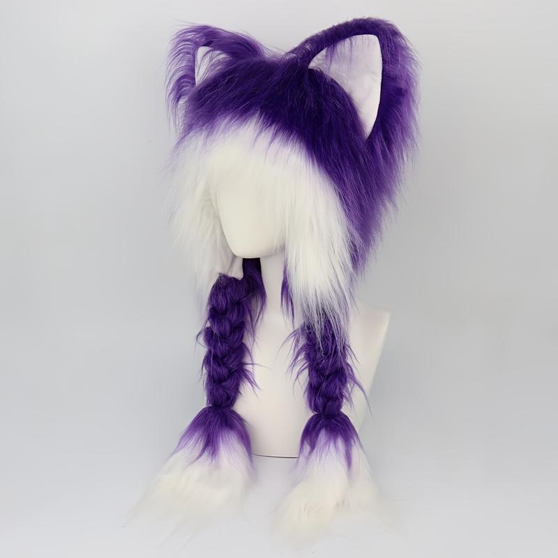 Y2K-Inspired Cute Cat Ears Plush Hat with Braid - Cozy & Warm Winter Accessory, Perfect for Halloween & Christmas Cosplay