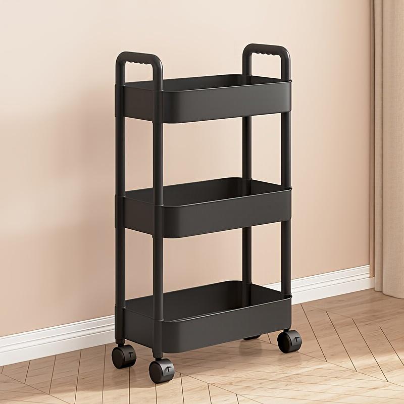 3-Tier Plastic Rolling Storage Cart with Handle - ABS Practical Organizer Trolley for Office, Living Room, Kitchen - Multifunctional Floor Hanging Rack for Toys, Food, Tools, Cosmetics, Books