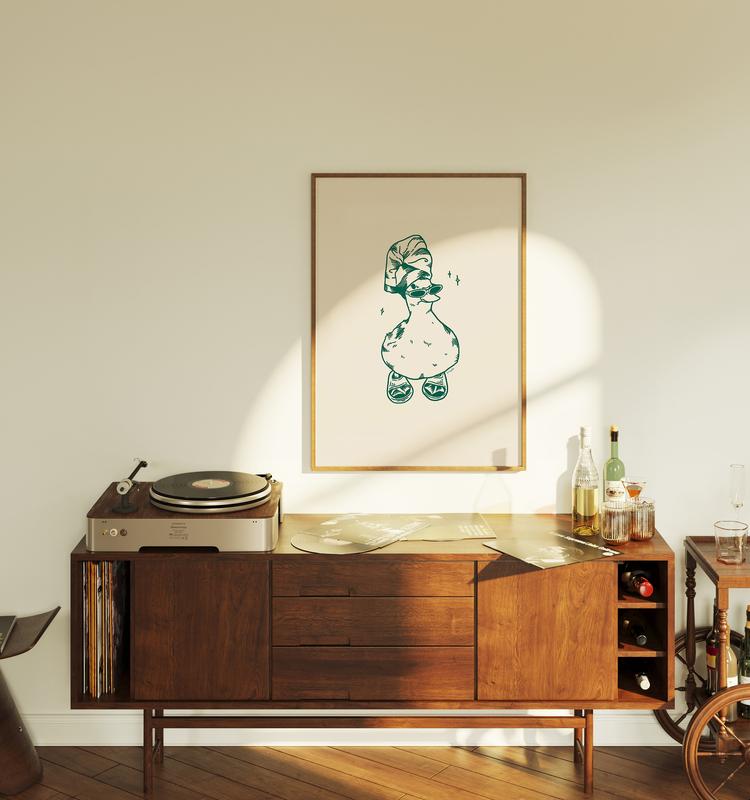 Cool Duck In Slippers Art Print Green, Retro Print, Bathroom Wall Art