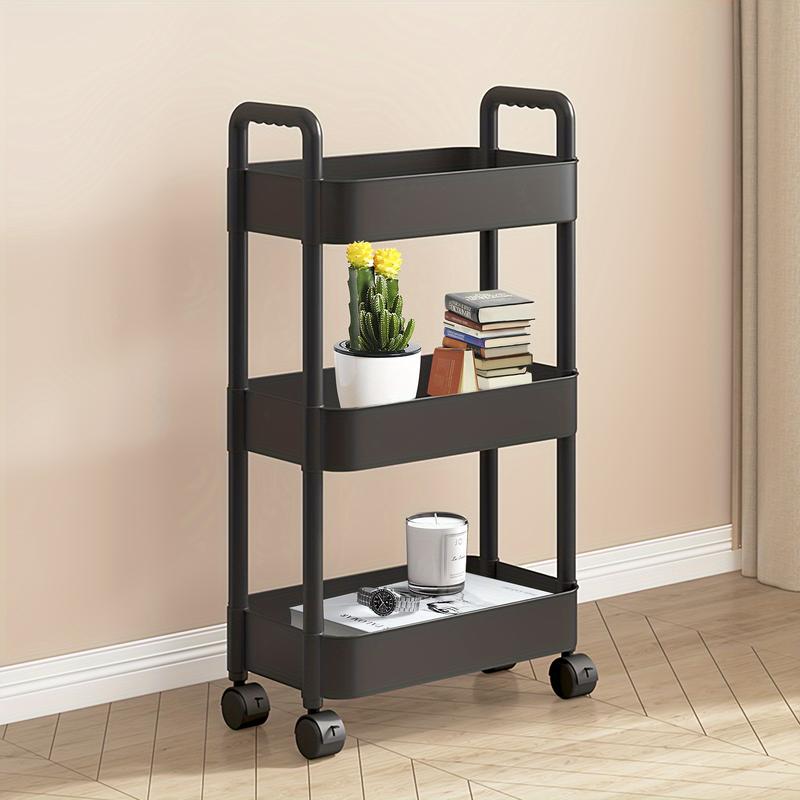 3-Tier Plastic Rolling Storage Cart with Handle - ABS Practical Organizer Trolley for Office, Living Room, Kitchen - Multifunctional Floor Hanging Rack for Toys, Food, Tools, Cosmetics, Books