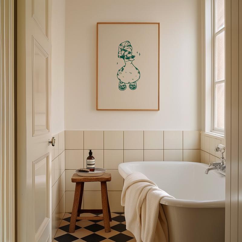 Cool Duck In Slippers Art Print Green, Retro Print, Bathroom Wall Art