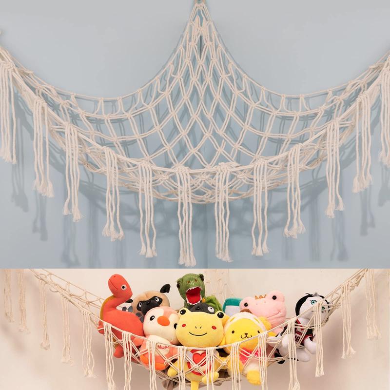 Bohemian Plush Animal Net or Hammock Large, 55 Inch Toy Hammock Lace Animal Storage Corner Hanging Net Shelf, Net Hammock Plush Toy Organizer with Hooks Bedroom, Nursery,stuffed animal storage,stuffed animal hammock,toy storage