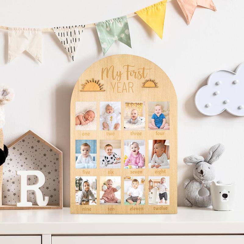 My First Year Photo Display Wood Board, Baby’s First Year Picture Frame 12 Months Milestone Board Photo Frame Neutral Baby Keepsake Frame Boho Sun 1st Birthday Nursery Decor Gift for Boy Girl Wooden Christmas Wooden Christmas